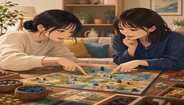 女性2人がボードゲームの盤面を見ながら楽しんでいる様子のイメージ画像