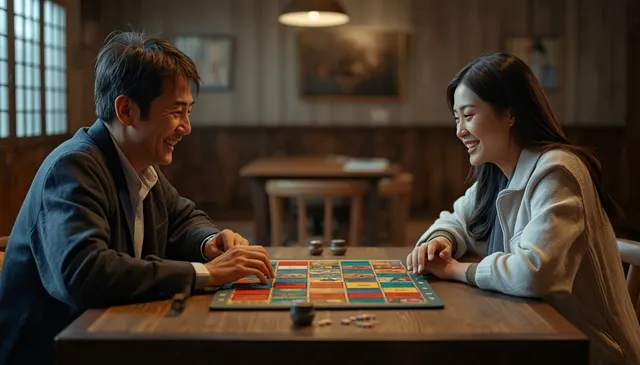 男女2人がテーブルを囲んでボードゲームを楽しんでいる様子
