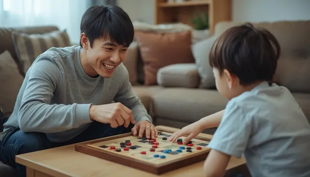 親子2人でボードゲームを楽しんでいる様子の イメージ画像