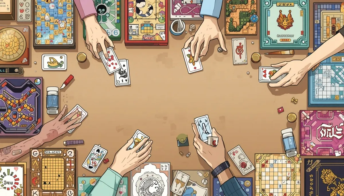 テーブルの上にさまざまな種類の二人用ボードゲームが並べられているイメージ画像