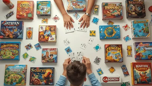 協力ゲーム、戦略ゲーム、パーティーゲームなどの複数のボードゲームが並べられ、初心者がその違いを見ている