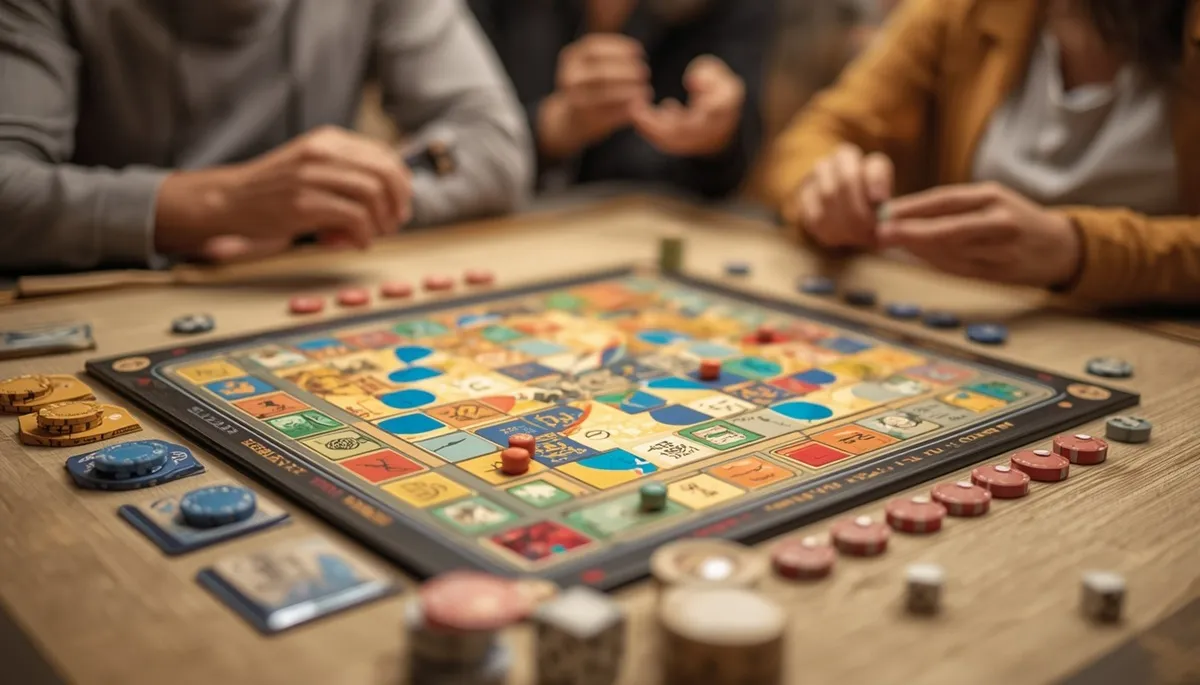 色鮮やかなボードゲームを中央に配置し、その周囲にカード、木製コマ、サイコロ、チップをバランスよく並べる、背景には楽しそうにゲームをする初心者の日本人男女 イメージ画像