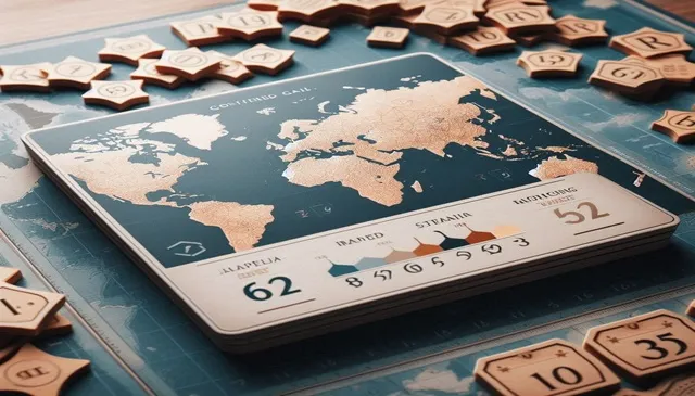 世界地図を使ったボードゲームの盤面と数字タイル