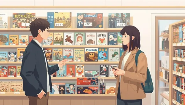 さまざまな種類のボードゲームが棚に並ぶ中、初心者男女がどれを選ぶか迷っている雰囲気。