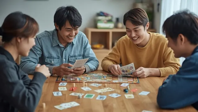 初心者の男女4人が初めてボードゲームを遊ぶ様子
