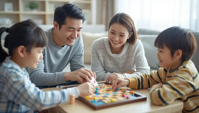 ボードゲーム初心者の家族がリビングで遊ぶ様子