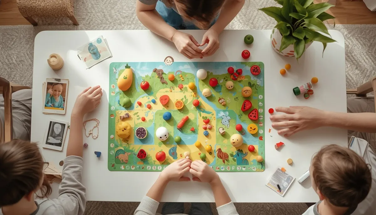 親子がボードゲームを一緒に遊んでいる様子