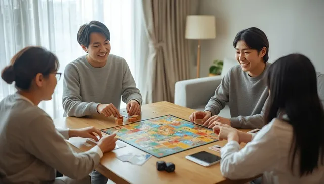 家族4人で協力してボードゲームを楽しむ様子