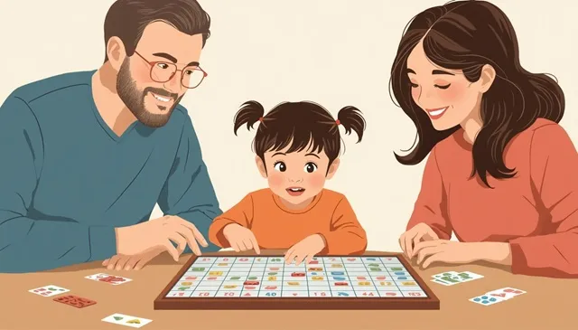 小さな子どもと両親が簡単なボードゲームを楽しむ様子