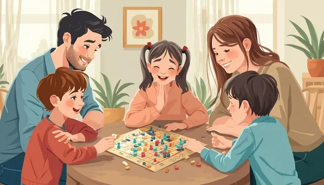 親子で仲良く遊ぶ、ゲームをしながら笑顔の子どもたち