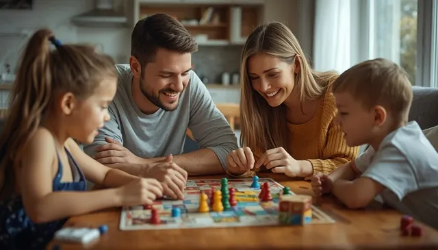 家族4人が子どもと一緒にボードゲームを楽しむ様子