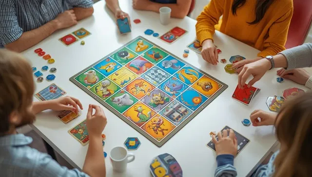 簡単なルールのボードゲームを家族や複数人で楽しむ様子