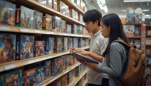ボードゲームショップで初心者がゲームを選ぶ様子