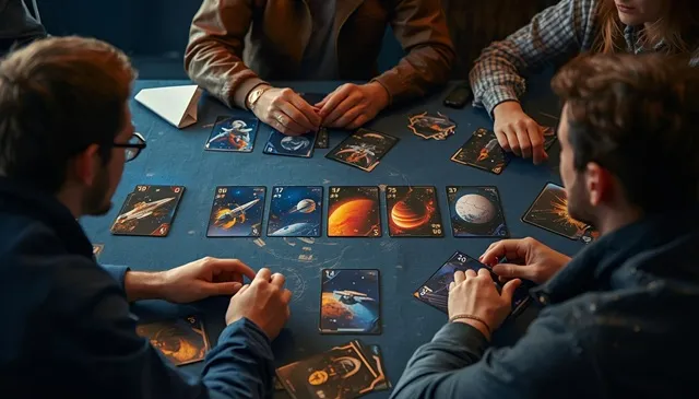 宇宙をテーマにした協力型カードゲームを遊ぶ様子