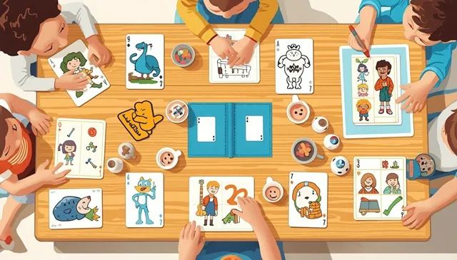 カードゲーム、記憶ゲーム、絵合わせゲーム、キャラクターゲームなど、幼児から小学生までの子どもが楽しめるいくつかのタイプのゲームが並べられたテーブル