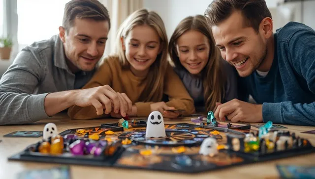 家族4人が協力しておばけのいる屋敷を探索し、宝石を集めるボードゲームを楽しんでいるイメージ