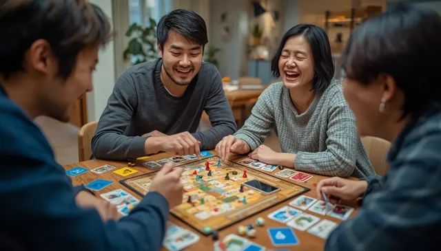 男女4人が集まってボードゲームを楽しむ様子