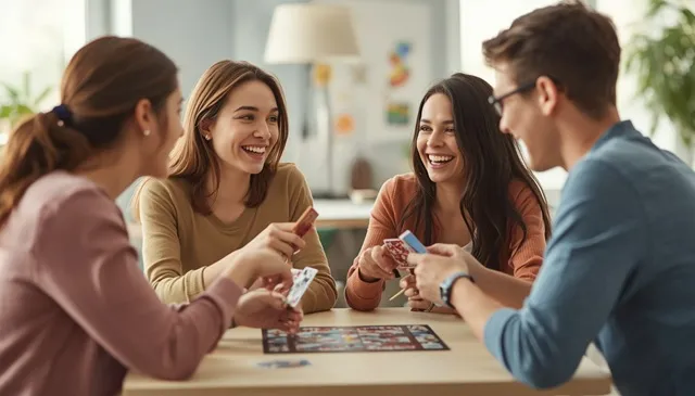 4人の大人が簡単なルールのボードゲームを楽しむ様子
