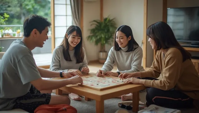 4人のプレイヤーが協力してボードゲームを遊ぶ様子