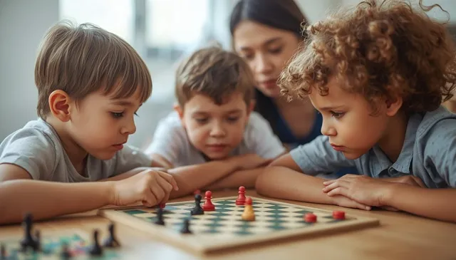 小学生の兄弟姉妹が、ボードゲームで遊んでいる