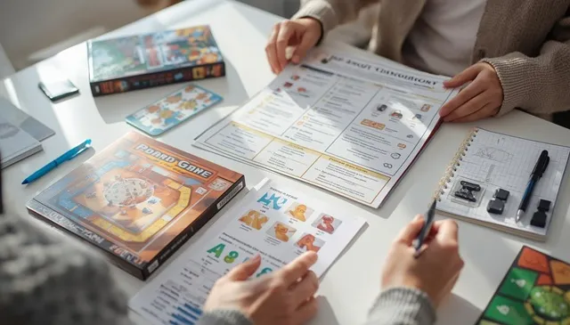 自宅のテーブルで、購入を検討しているボードゲームの箱と説明書を広げ、プレイ人数、対象年齢、所要時間などを確認している