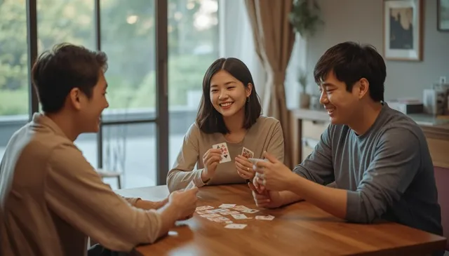 友人3人でカードゲームを選んでいる様子