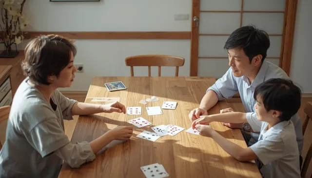 家族3人でカードゲームを楽しむ様子