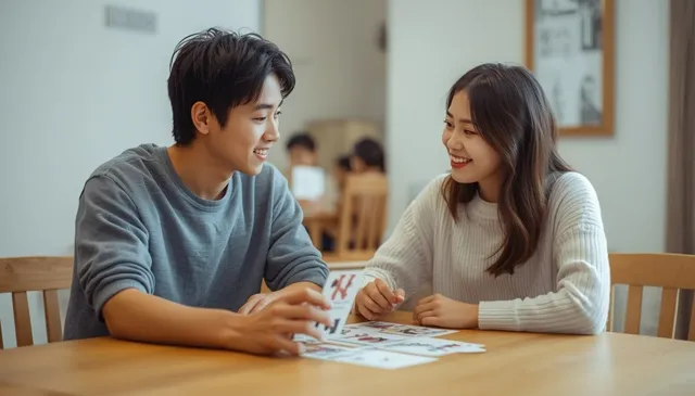 明るいリビングでカードゲームを選ぶ男女