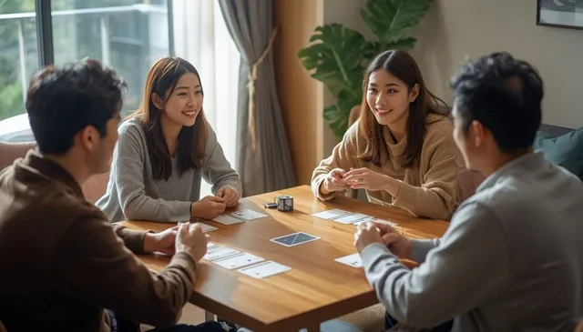 4人の友人がカードゲームを選んでいる様子