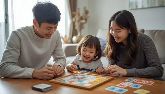 リビングで、両親子どもが、カラフルなカードと簡単なゲームボードを使って一緒に遊んでいる。