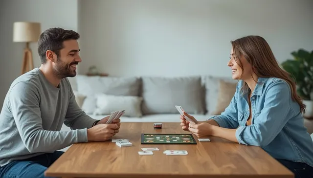 男女2人が向かい合い、カードと小さなゲームボードを使ったボードゲームを楽しんでいる