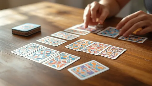 木目のテーブルの上に、カラフルな絵柄のカードが広げられ、手元でカード同士の共通するマークを探している様子